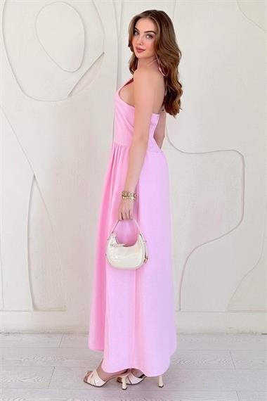 Pembe Sırt Gipe Detaylı Keten Elbise