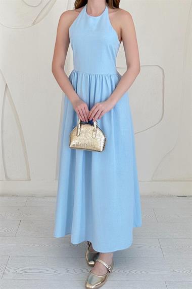 Mavi Sırt Gipe Detaylı Keten Elbise
