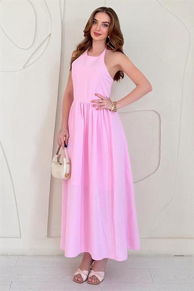 Pembe Sırt Gipe Detaylı Keten Elbise