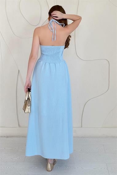 Mavi Sırt Gipe Detaylı Keten Elbise