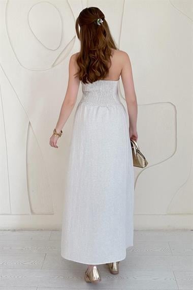 Bej Sırt Gipe Detaylı Keten Elbise