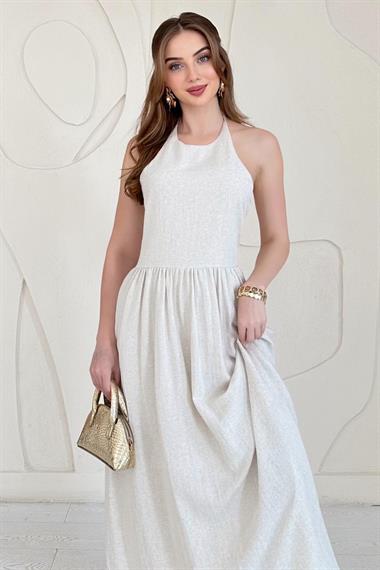 Bej Sırt Gipe Detaylı Keten Elbise