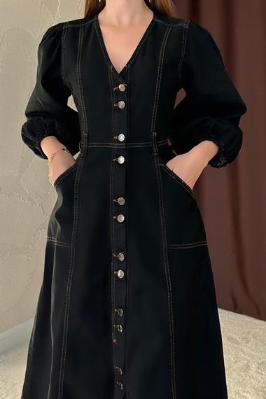 Siyah Balon Kol Kot Elbise