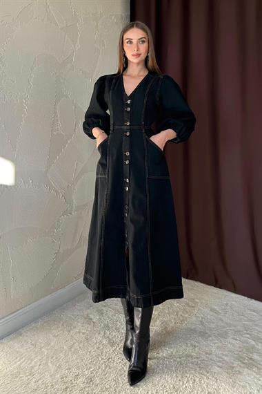 Siyah Balon Kol Kot Elbise