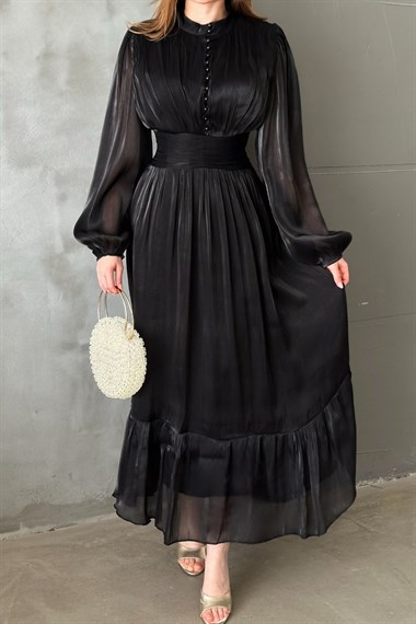 Siyah Bel Büzgülü Elbise