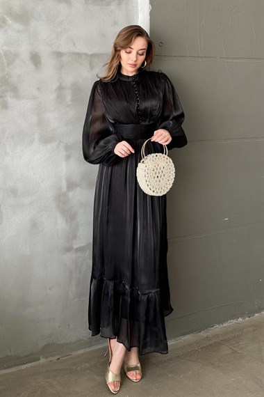 Siyah Bel Büzgülü Elbise