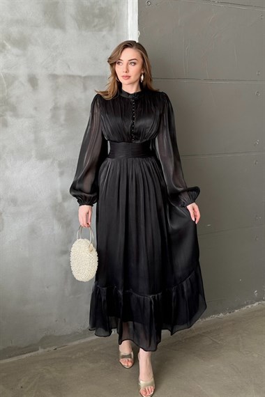 Siyah Bel Büzgülü Elbise