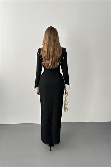 Siyah Beyaz Manşet Detaylı İncili Elbise