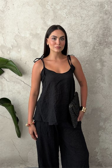 Siyah Boyundan Bağlamalı Bluz Pantolon Takım
