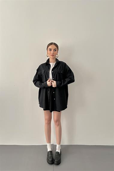 Siyah Çift Cep Kapaklı Çıtçıtlı Gömlek