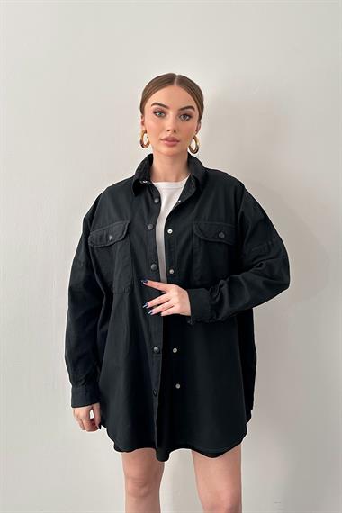 Siyah Çift Cep Kapaklı Çıtçıtlı Gömlek