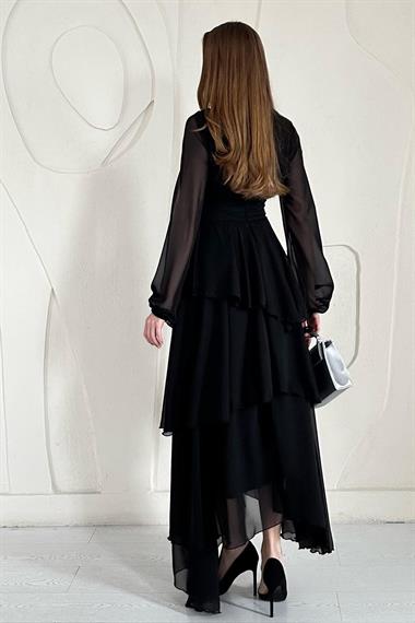 Siyah Dik Yaka Bel Detaylı Elbise