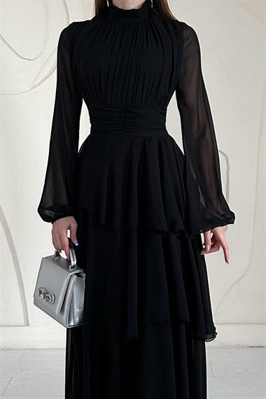 Siyah Dik Yaka Bel Detaylı Elbise