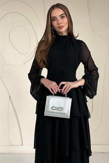 Siyah Dik Yaka Bel Detaylı Elbise