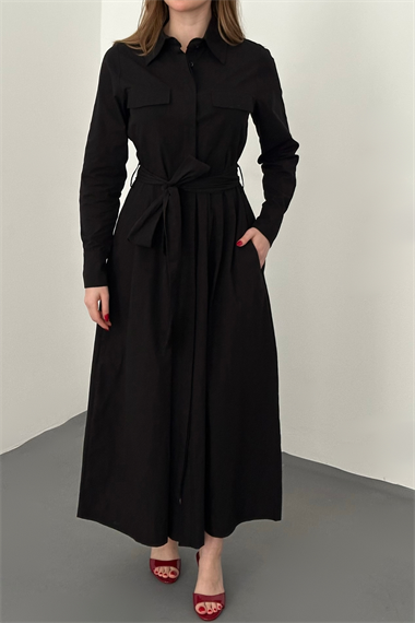 Siyah Düğmeli Poplin Elbise