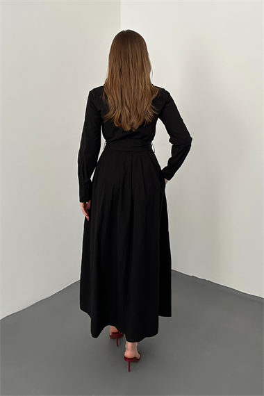 Siyah Düğmeli Poplin Elbise