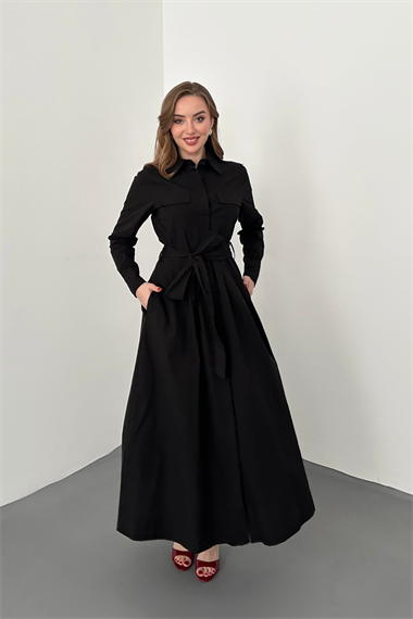 Siyah Düğmeli Poplin Elbise