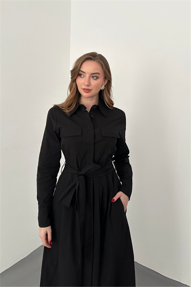 Siyah Düğmeli Poplin Elbise