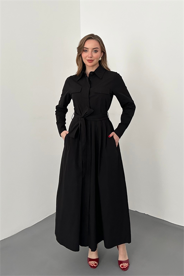 Siyah Düğmeli Poplin Elbise