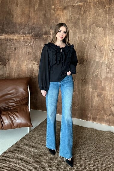 Siyah Fırfırlı Bluz