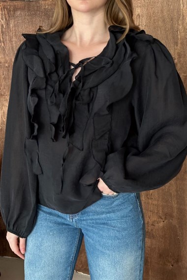 Siyah Fırfırlı Bluz
