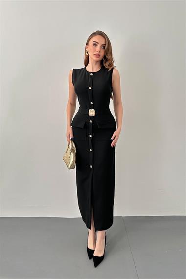 Siyah Gold Aksesuar Detaylı Cepli Elbise