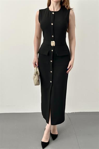 Siyah Gold Aksesuar Detaylı Cepli Elbise