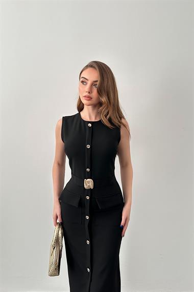 Siyah Gold Aksesuar Detaylı Cepli Elbise