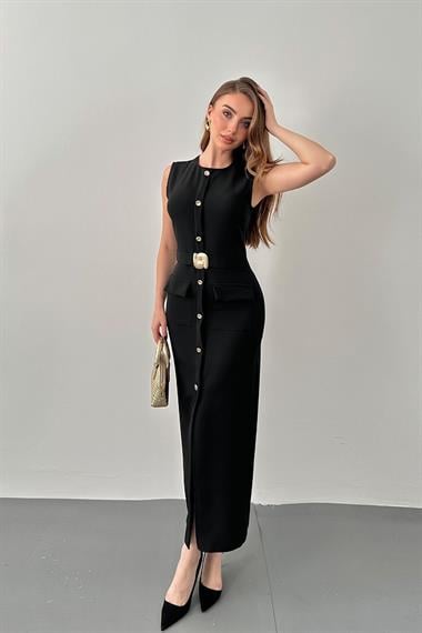 Siyah Gold Aksesuar Detaylı Cepli Elbise