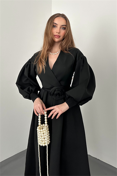 Siyah Gül Detaylı Scuba Elbise