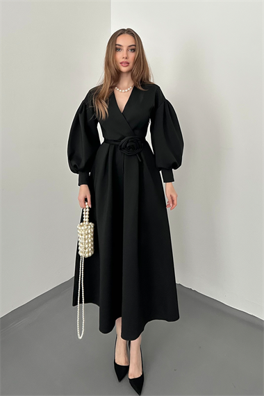 Siyah Gül Detaylı Scuba Elbise