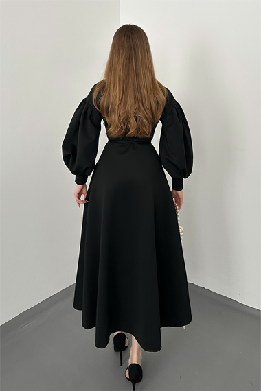 Siyah Gül Detaylı Scuba Elbise