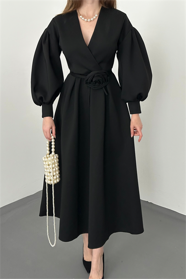 Siyah Gül Detaylı Scuba Elbise