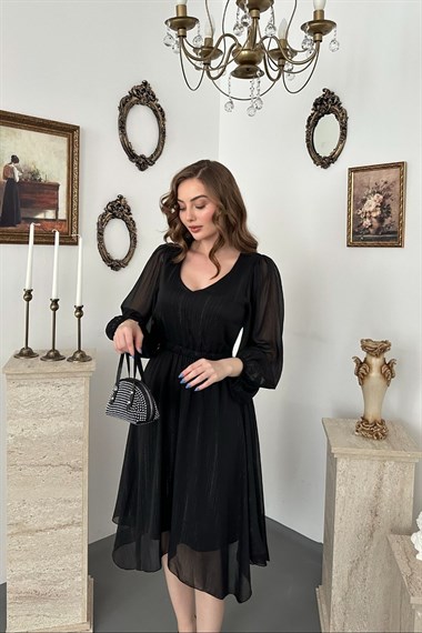 Siyah Işıltılı Asimetrik Elbise