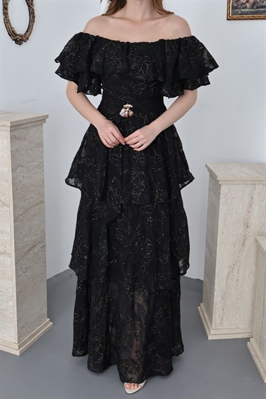 Siyah Kat Kat Fırfırlı Elbise