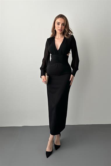 Siyah Kolları Şifon Arka Bel Detaylı Elbise
