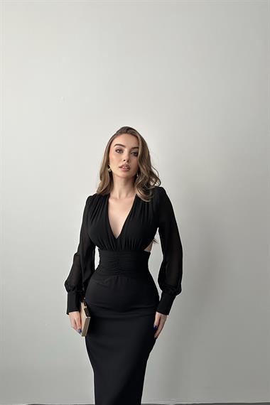 Siyah Kolları Şifon Arka Bel Detaylı Elbise