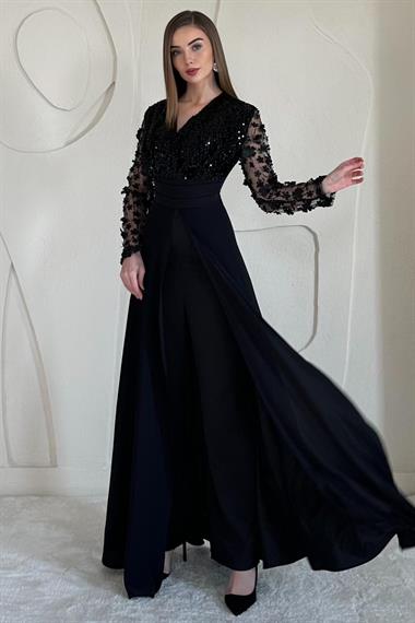 Siyah Kolları Tül Etekli Tulum