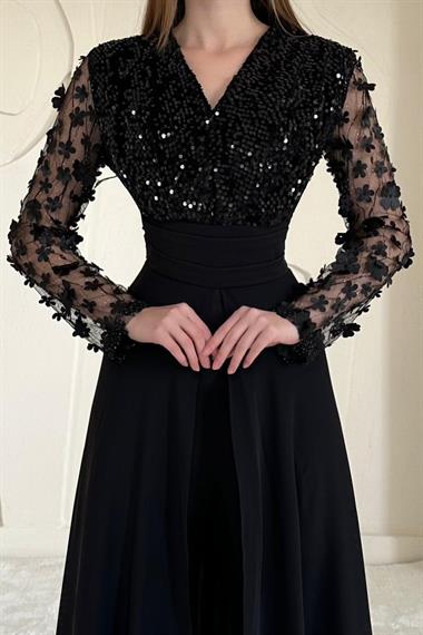 Siyah Kolları Tül Etekli Tulum