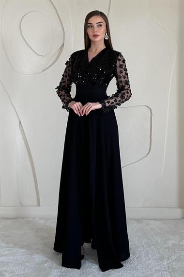 Siyah Kolları Tül Etekli Tulum