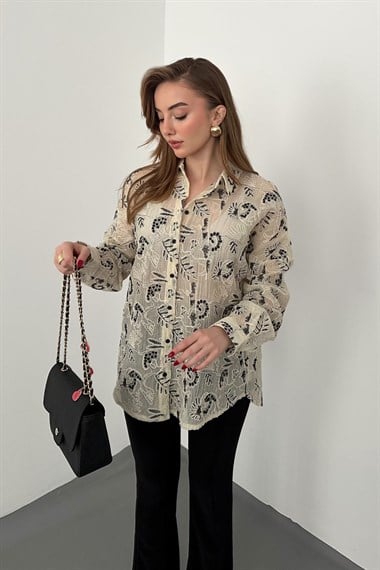 Siyah Nakış İşlemeli Oversize Gömlek