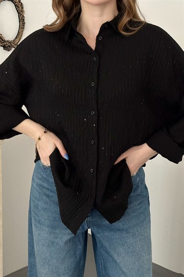 Siyah Nakışlı Oversize Gömlek