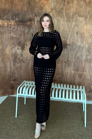 Siyah Pitikare Triko Elbise