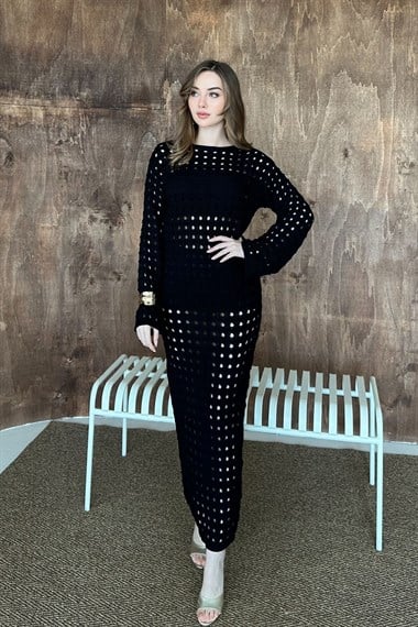 Siyah Pitikare Triko Elbise