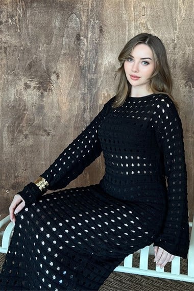 Siyah Pitikare Triko Elbise