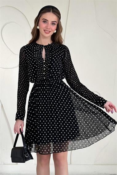 Siyah Puantiyeli Şifon Elbise