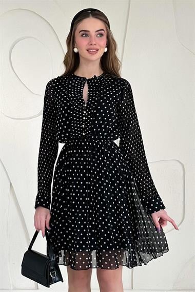 Siyah Puantiyeli Şifon Elbise