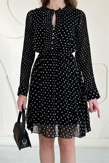 Siyah Puantiyeli Şifon Elbise