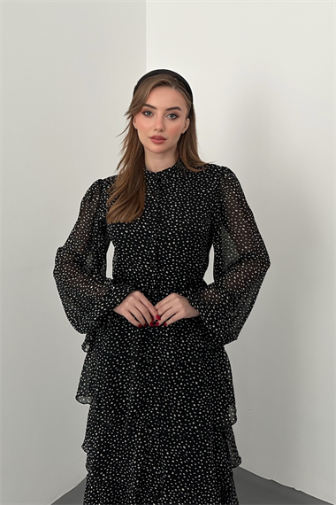 Siyah Puantiyeli Şifon Kat Elbise