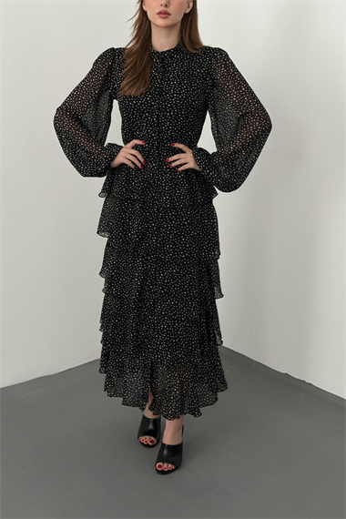 Siyah Puantiyeli Şifon Kat Elbise